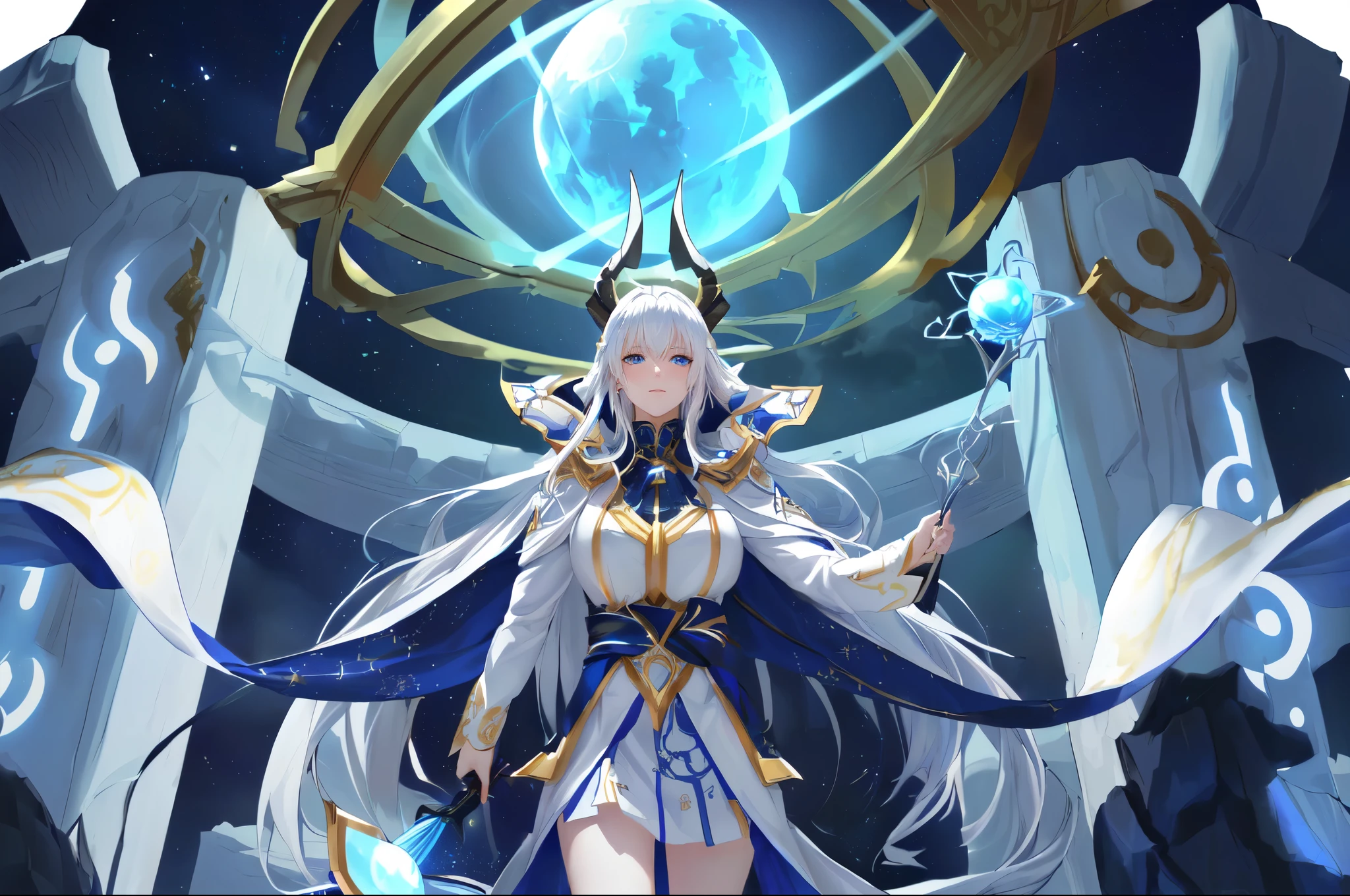 (best quality,4k,8k,highres,masterpiece:1.2),ultra-detailed,realistic:1.37,anime,blue-eyed anime character with a blue sphere in hand,long white hair,silver skin,huge bust with demonic horns on the head,white cape,showing legs,short skirt,runes around her,anime goddess,beautiful celestial mage,moon goddess,white-haired deity,galactic deity,ethereal starry body,human emperor of gods,detailed keyframe animation art