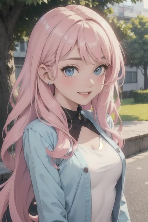 Teenage woman, pastel pink hair, long with waves. round eyes. Light blue eyes. Skin white. Expression and cheerful smile. He has casual clothes. It doesn't have that much chest volume. In the background of a park. 