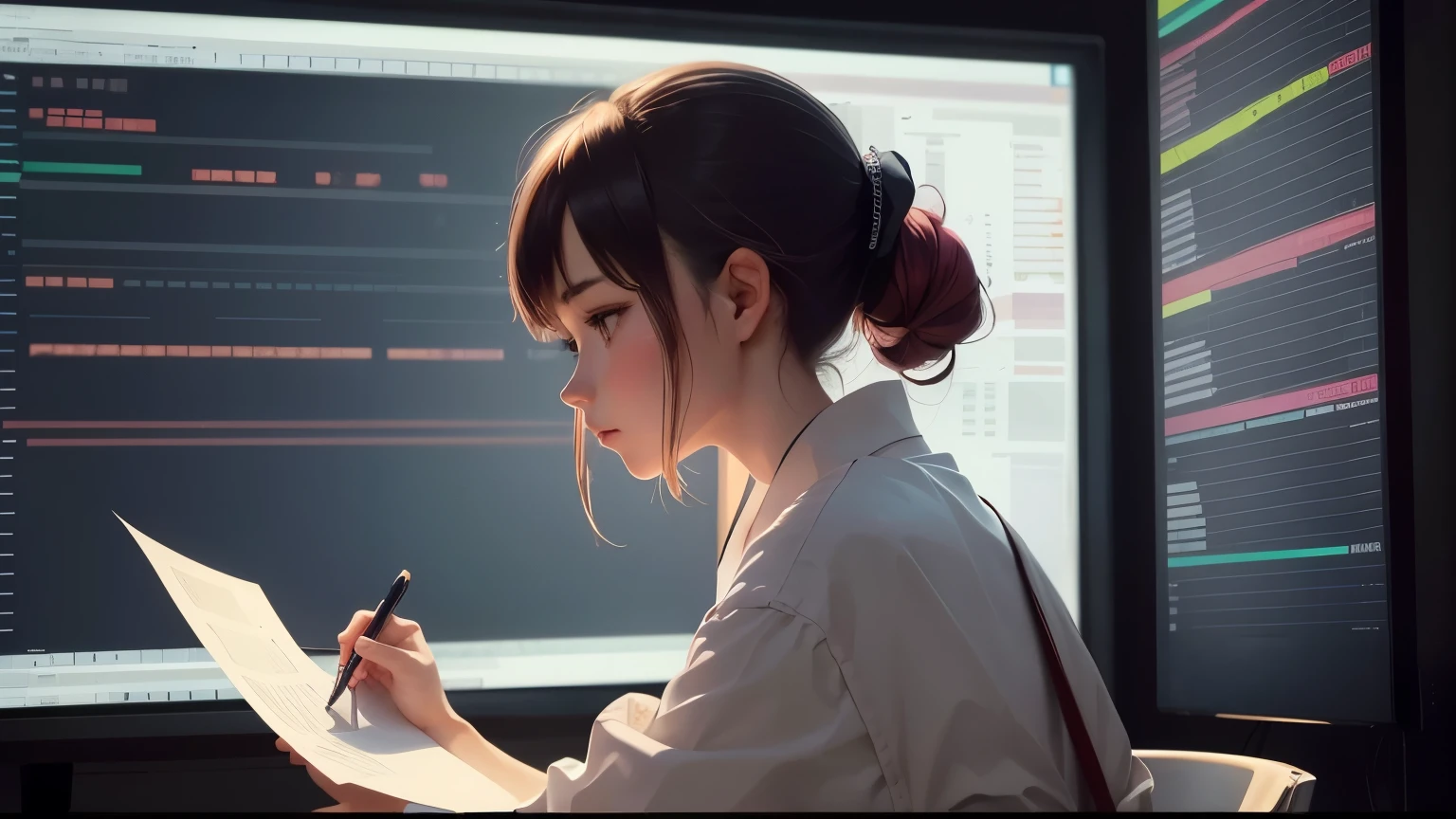 The girl is drawn a little smaller, and there is a foreign exchange margin trading chart in the background.