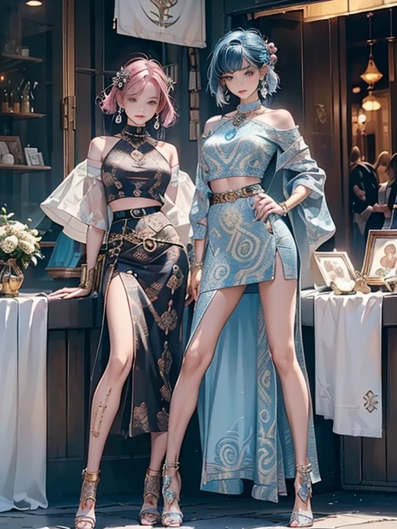 highest quality, Very detailed, masterpiece, Two women posing,(((Perfect female body))),Very beautiful face, Very beautiful body,Gentle expression, Very beautiful eyes,(Perfect Makeup:1.1),Fashion Model,pop punk fashion, Mullet Cut,Shaggy Hair,pink and blue hair:1.3, very thin body,Smart Abs,((Monogram pattern:1.3)),Various gradations,Fishnet blouse,((Long leg pencil skirt,anklet)),LED Light,Two-tone short boots,A kind smile,Full body portrait,(Cyber City:1.3), (Shiny skin),(Earrings),Elegant scarves,See-through long shawl,Liquid Metal,Pirate Belt,laser,