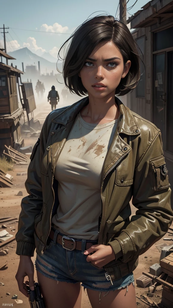 (bob cut,short hair), (dirty jacket) masterpiece, (best quality,4k,8k,highres,masterpiece:1.2), ultra-detailed, (photorealistic:1.37) Adriana Lima in a hyper-realistic close-up photo. Create a dystopian masterpiece. Depict a rural landscape in the rugged style of the game's concept art. This work should evoke a sense of abandonment and despair in a futuristic, post-apocalyptic world. Notice the intricacies of detail, the sharp focus.