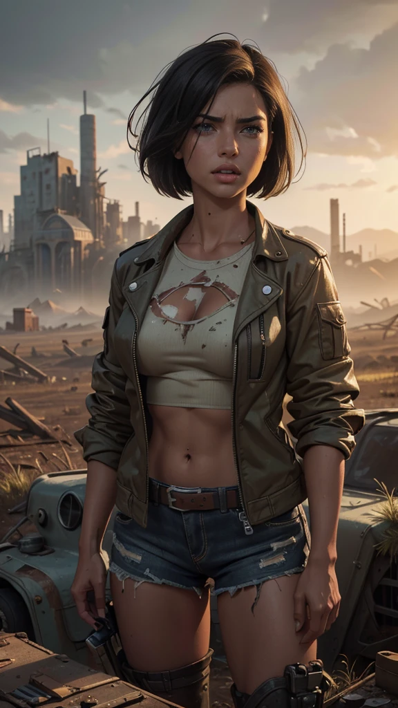 (bob cut,short hair), (dirty jacket) masterpiece, (best quality,4k,8k,highres,masterpiece:1.2), ultra-detailed, (photorealistic:1.37) Adriana Lima in a hyper-realistic close-up photo. Create a dystopian masterpiece. Depict a rural landscape in the rugged style of the game's concept art. This work should evoke a sense of abandonment and despair in a futuristic, post-apocalyptic world. Notice the intricacies of detail, the sharp focus.