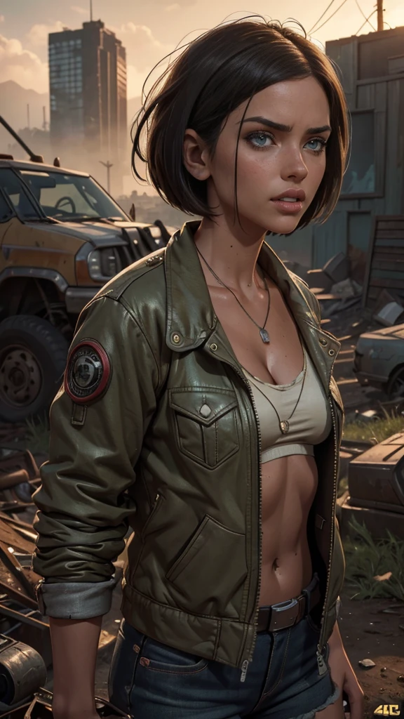 (bob cut,short hair), (dirty jacket) masterpiece, (best quality,4k,8k,highres,masterpiece:1.2), ultra-detailed, (photorealistic:1.37) Adriana Lima in a hyper-realistic close-up photo. Create a dystopian masterpiece. Depict a rural landscape in the rugged style of the game's concept art. This work should evoke a sense of abandonment and despair in a futuristic, post-apocalyptic world. Notice the intricacies of detail, the sharp focus.