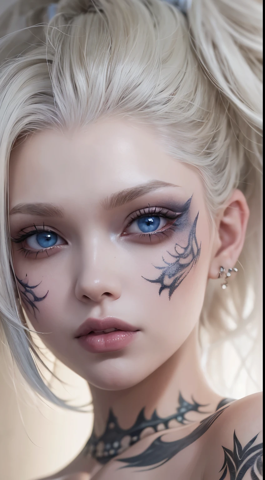 The prompts for the first theme are as follows:
"(Best Quality, 8K, 32K, masutepiece:1.3), Ultra-detailed, (Photorealistic:1.4), white colors, albino, Punk Girl, Detailed eyes, Upper body, Luxurious punk hair, Edgy punk fashion, Avant-garde makeup, Numerous piercings, Heavily tattooed body, Street background, Backlight effect, Shallow depth of field, Blurry background, nude, naked"
