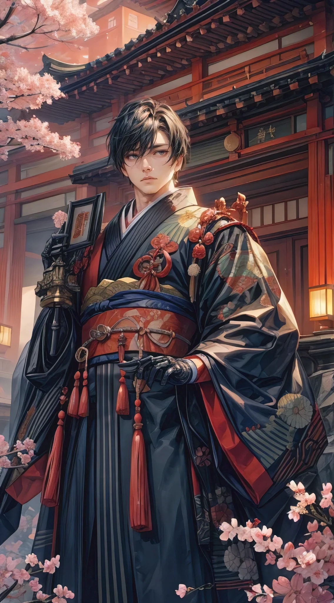 A striking, high-quality photograph of a mechanical warrior dressed in an intricately detailed kimono. His face is a blend of human features and industrial machinery, showcasing distinct Japanese male characteristics. The warrior stands strong in a grandiose castle, reminiscent of the Edo period. The background is adorned with beautiful cherry blossoms and carefully arranged lanterns, casting a soft, warm light. The overall atmosphere is a blend of futuristic technology and traditional Japanese culture.