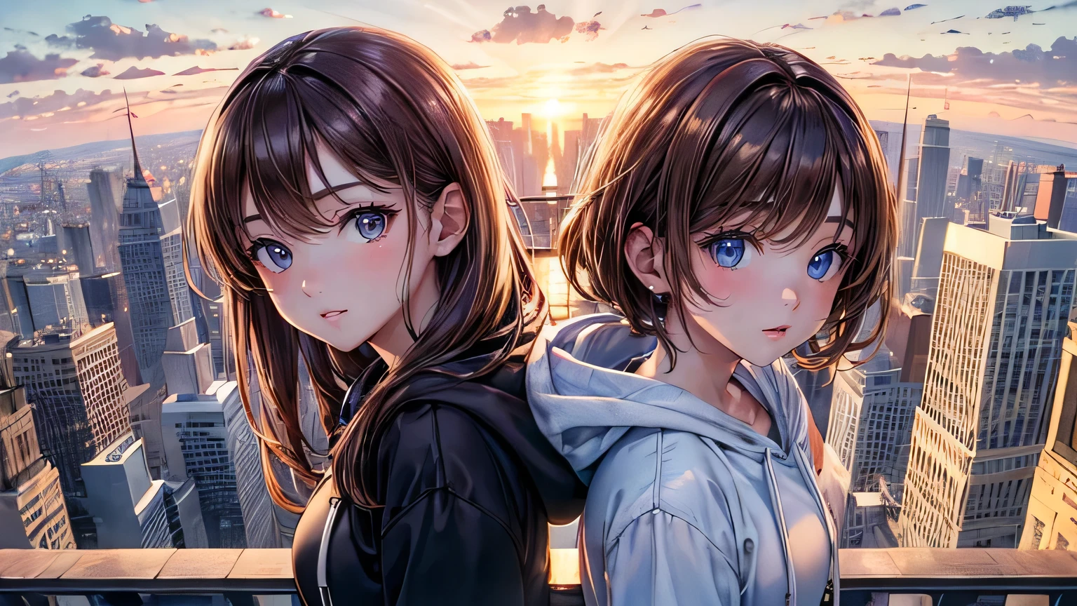 ((masterpiece, highest quality, Ultra Clear, High resolution)), With two people, Beautiful girl and man, Shining Eyes,hoodie, Perfect Eyes, Asahi cityscape theme,Brown Hair,Cityscape,