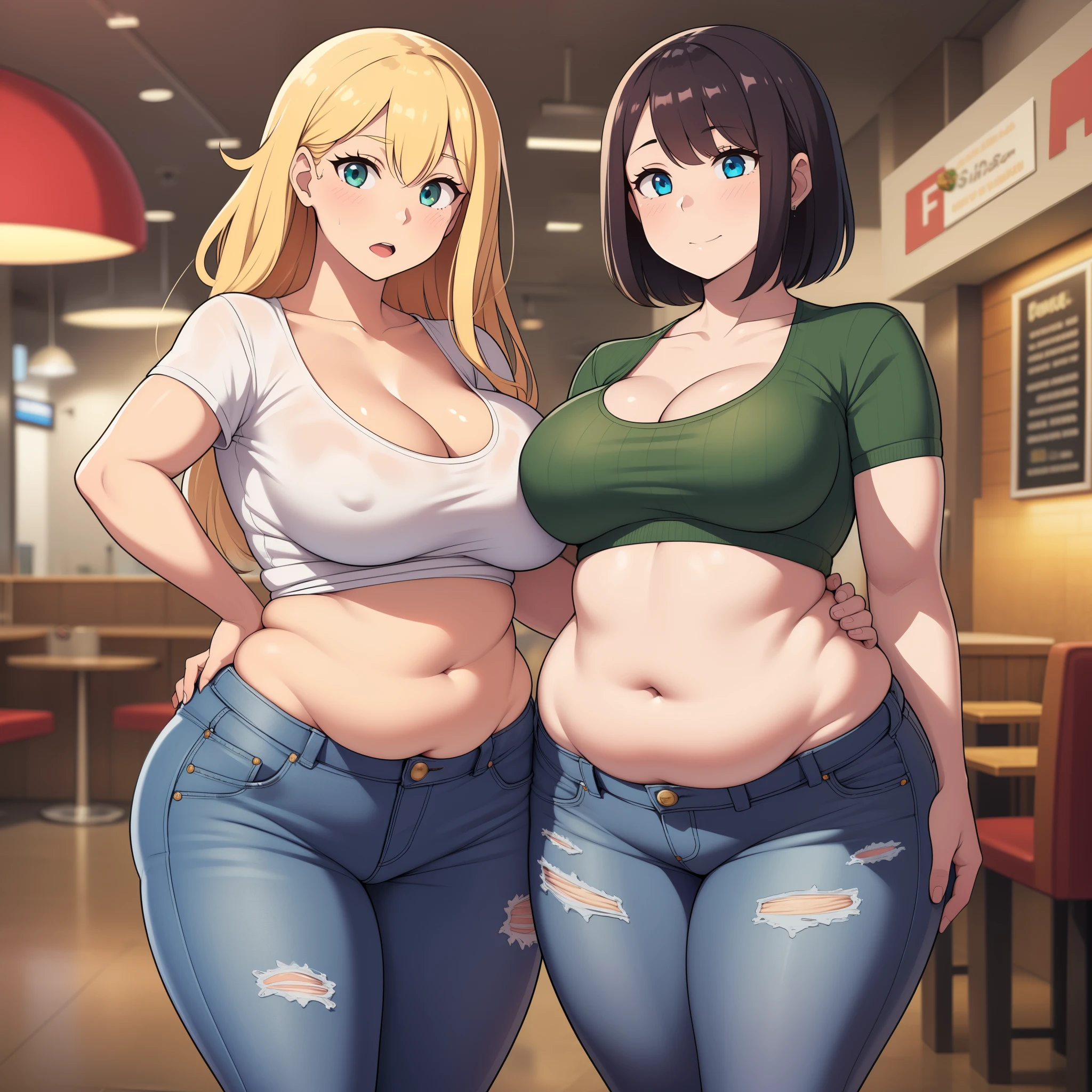 ((highres)), Masterpiece, high quality, best quality, beautiful, perfect lighting, detailed face, ultra cute face, (((2girls))), one girl has blonde hair, blue eyes, crop top and shorts skindentation, one girl has brown hair, green eyes, jeans, white shirt, tight clothes, one girl has, full body, fast food restaurant, cleavage, medium breasts, ((wide hips)), ((thick thighs)), ((plump)), chubby belly, fat folds, belly hang, standing, touching each other,