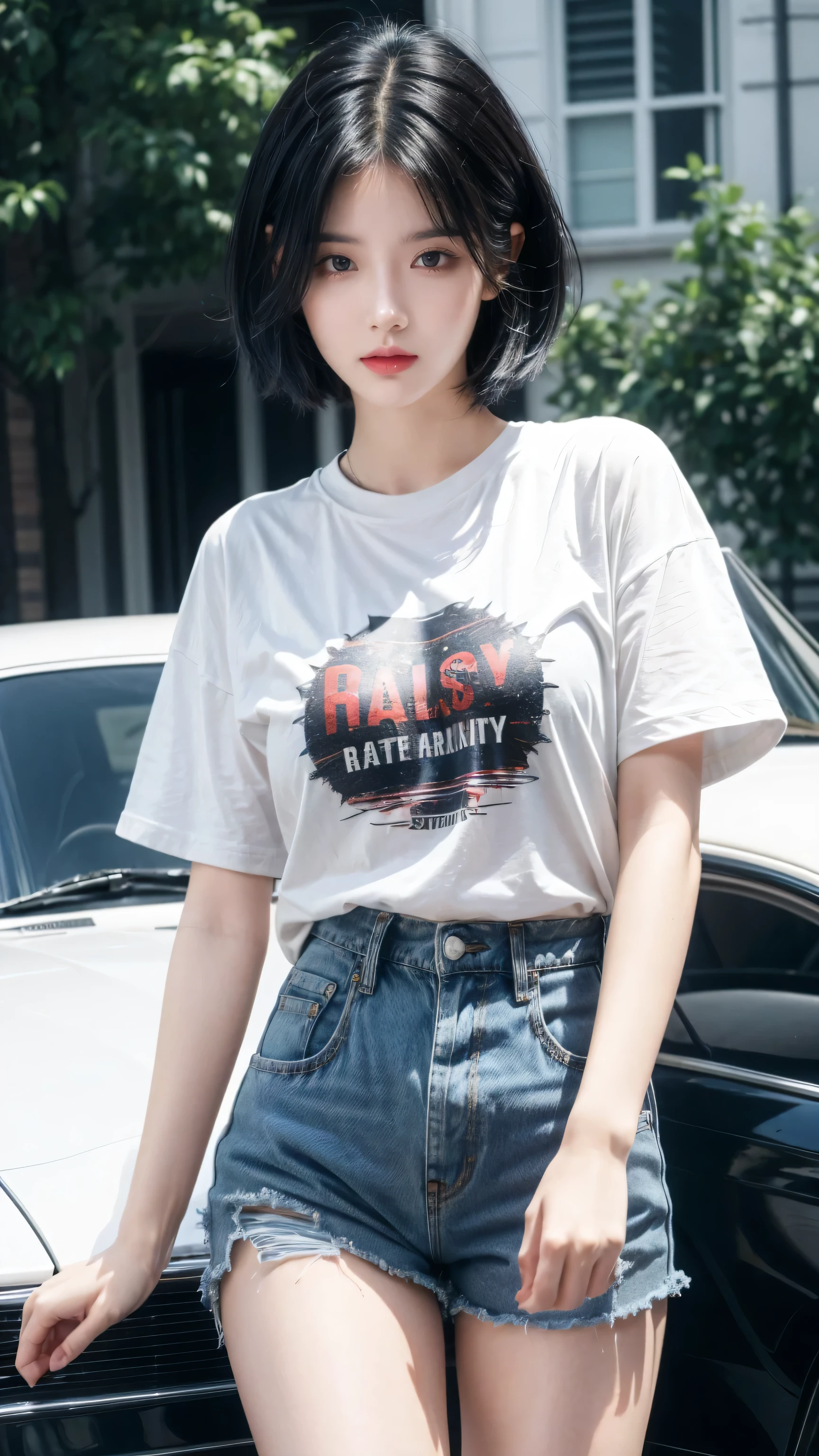 best quality, 1 Girl, dark blue hair, black eyes, Very short hair, Spiky hair, red down oversize t-shirt, High waist short jeans, 171 cm, Messy hair, Hair between the eyes, Medium breasts, full, Tomboy, aldult, 20 years old, 1 Girl near classic car