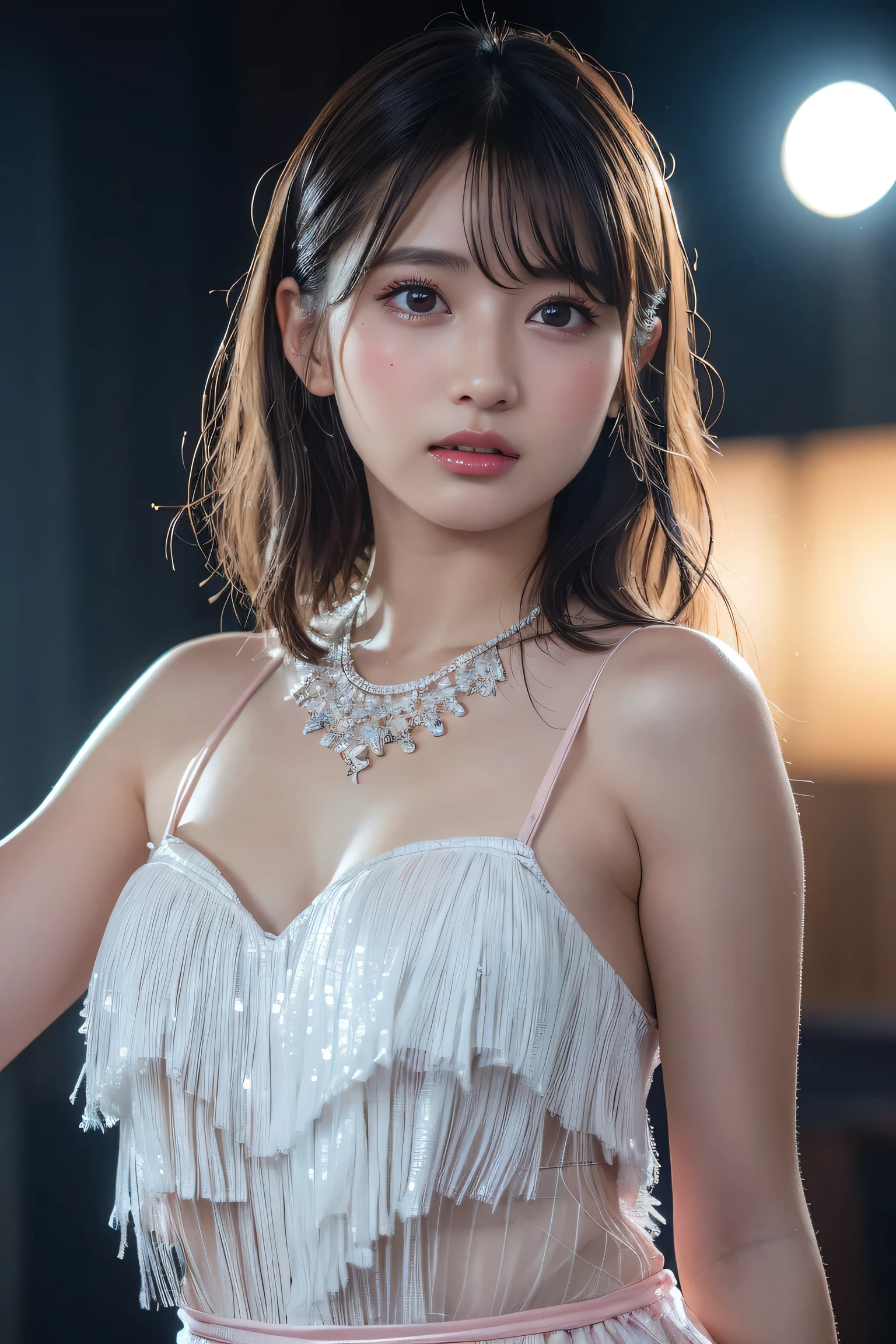A stunning 8K RAW image captures a mesmerizing close-up of a 2 woman's ethereal features, as if she were a living masterpiece. The camera frames her upper body centered, with subtle curves accentuating her figure. Softly glowing eyes illuminate translucent skin, revealing an intricate metal skeleton beneath. Her confident pose showcases flowing fabric highlighting her beauty. A vibrant background swirls with shapes and hues, drawing the eye to her radiant smile and bright gaze.