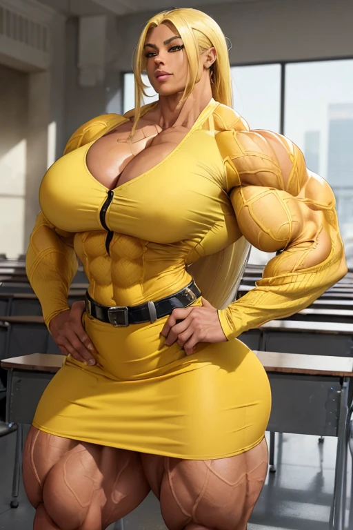 (((((Massive beautiful, buff, bulky, brown skinned muscular woman with yellow hair, ginormous bulky muscles, places hands on her hips and wearing a yellow unbuttoned long sleeve blouse and a black pencil skirt with slit))))), (close view), (eyeglasses), vascular, massive muscles, massive biceps, hyper muscle shoulders, vascular shoulders, hyper muscle triceps, (long flowing hair), gray eyes, (high heels), sensual smile, (in a classroom), Vascular arms, hyper vascular arm, hyper muscles arms, hyper muscle legs, massive buff arms