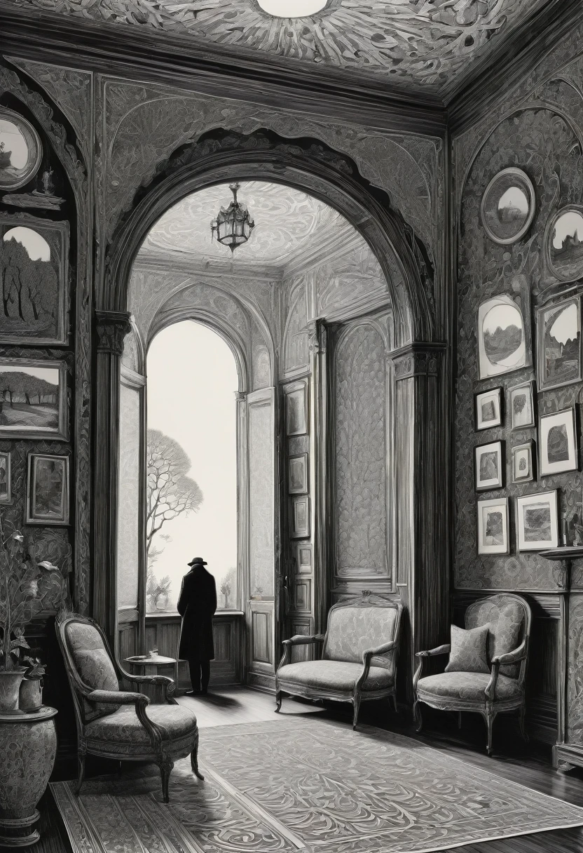 B&W, by Edward Gorey, best quality, masterpiece, very aesthetic, perfect composition, intricate details, ultra-detailed