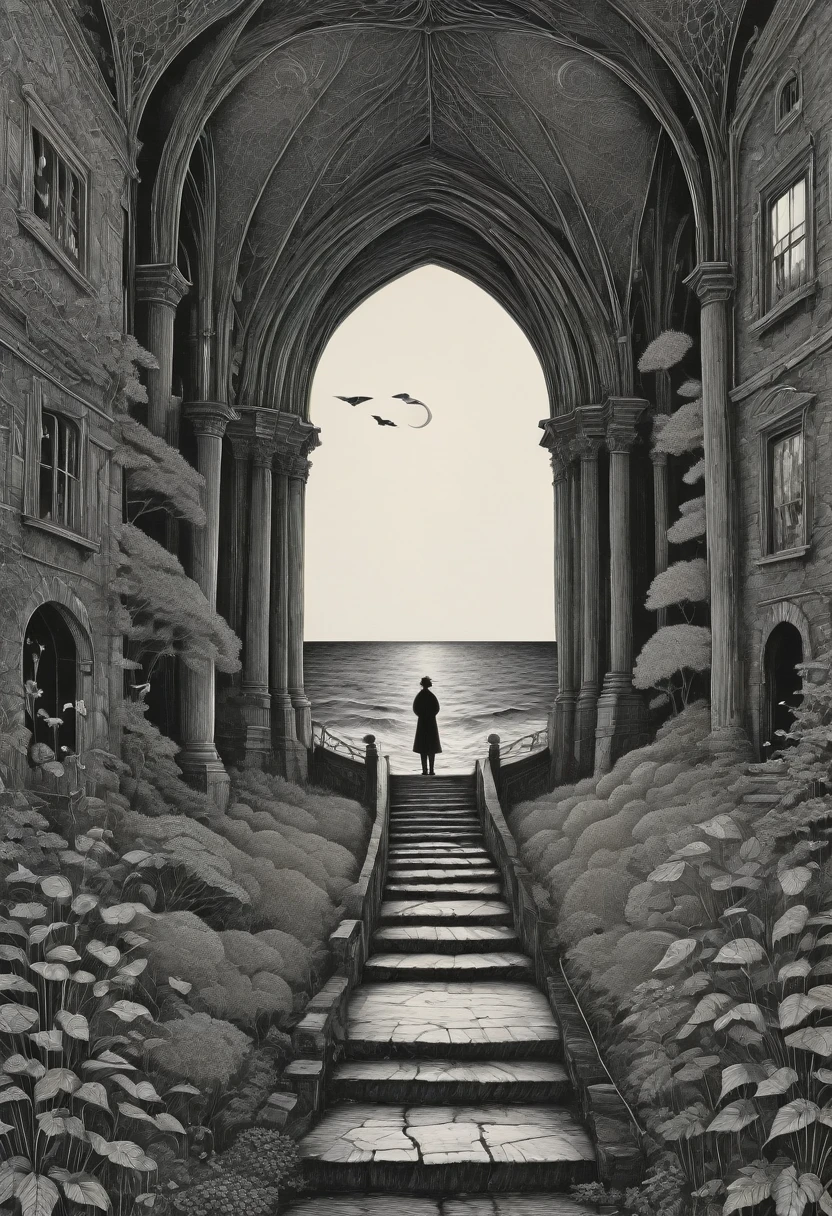 B&W, by Edward Gorey, best quality, masterpiece, very aesthetic, perfect composition, intricate details, ultra-detailed