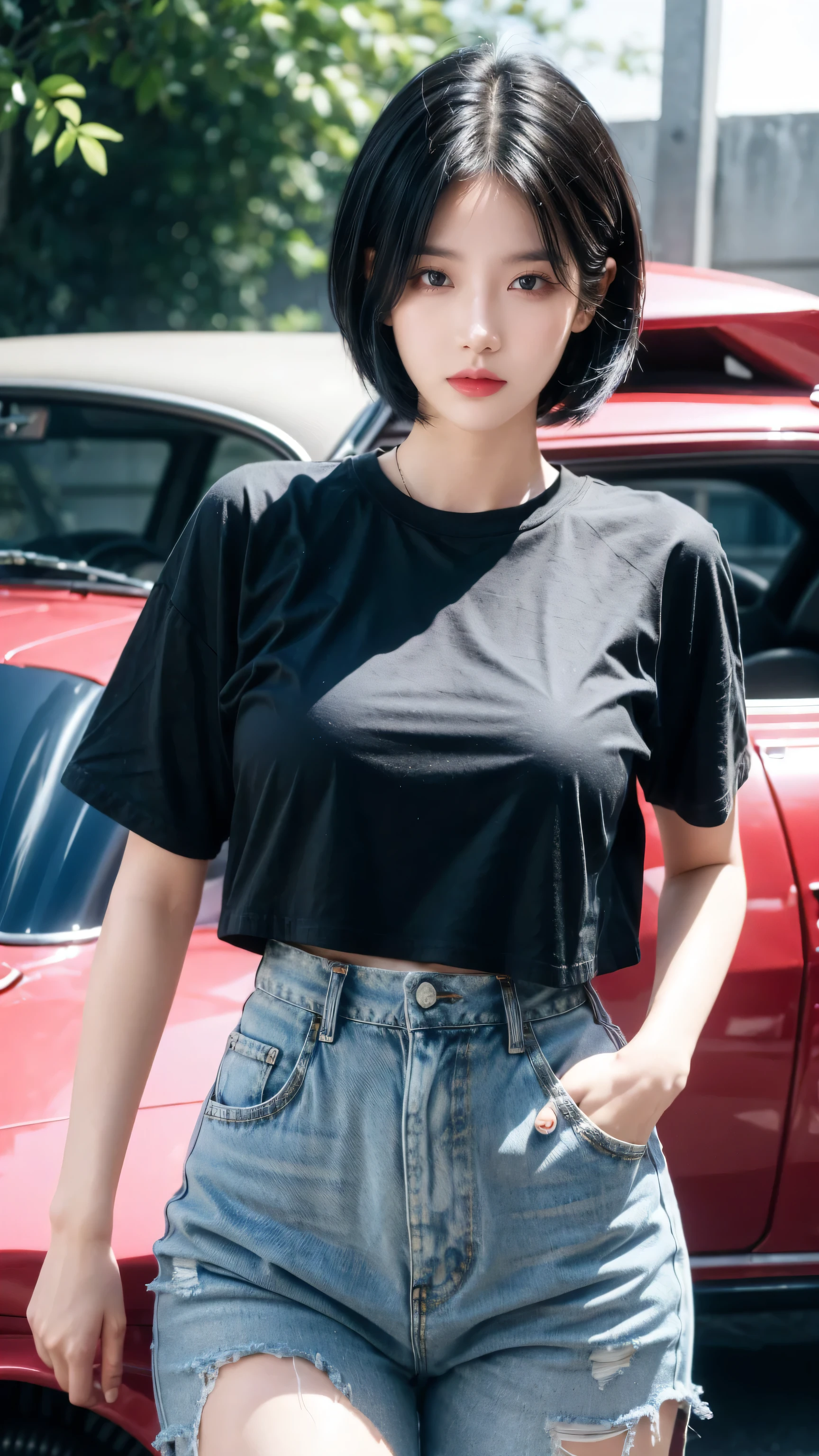 best quality, 1 Girl, dark blue hair, black eyes, Very short hair, Spiky hair, red down oversize t-shirt, High waist short jeans, 171 cm, Messy hair, Hair between the eyes, Medium breasts, full, Tomboy, aldult, 20 years old, 1 Girl near classic car