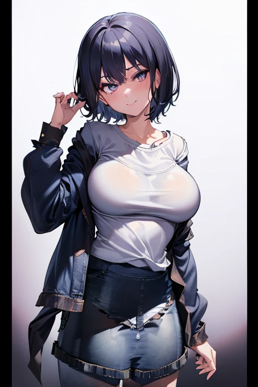 Sexy adult woman, short bob hair, black hair, black eyes, heavy make-up, smiling face, large voluptuous breasts, cleavage, tiny panties, (((shirt lift))), ((shirt lift to reveal beautiful nipples)), ((downtown at night)), (((prostitute))), NSFW