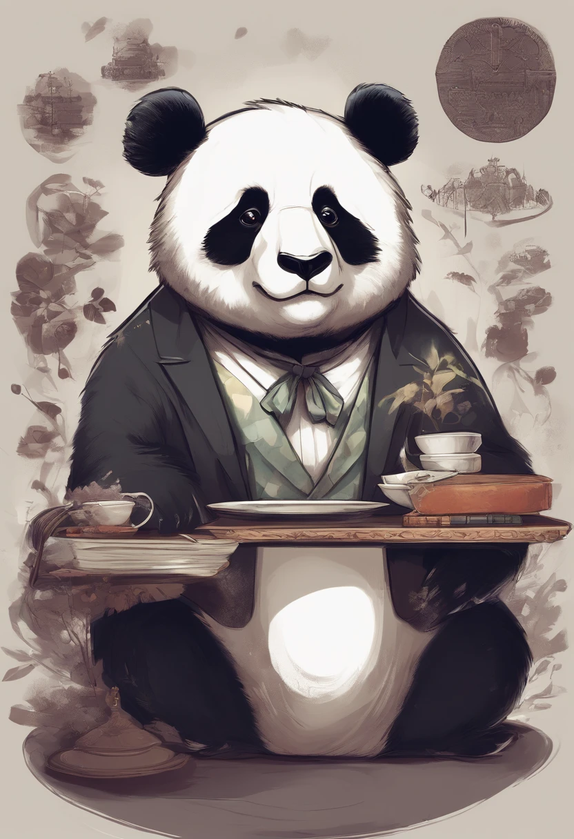 anthropomorphic panda, de cuerpo entero, vestido formalmente con un blazer, sostiene una bandeja, pegatina de panda, sticker de panda.