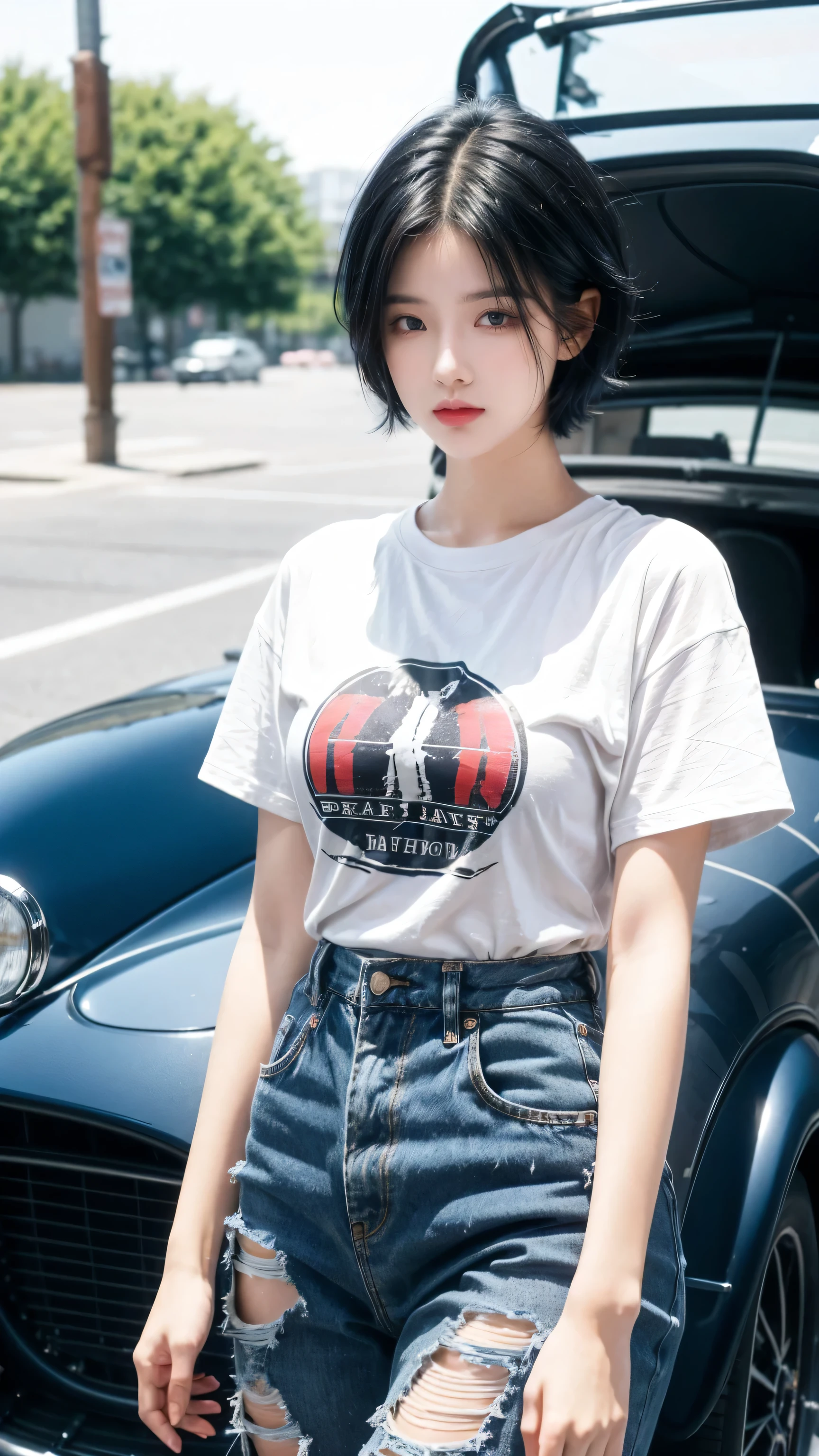 best quality, 1 Girl, dark blue hair, black eyes, Very short hair, Spiky hair, red down oversize t-shirt, High waist short jeans, 171 cm, Messy hair, Hair between the eyes, Medium breasts, full, Tomboy, aldult, 20 years old, 1 Girl near classic car