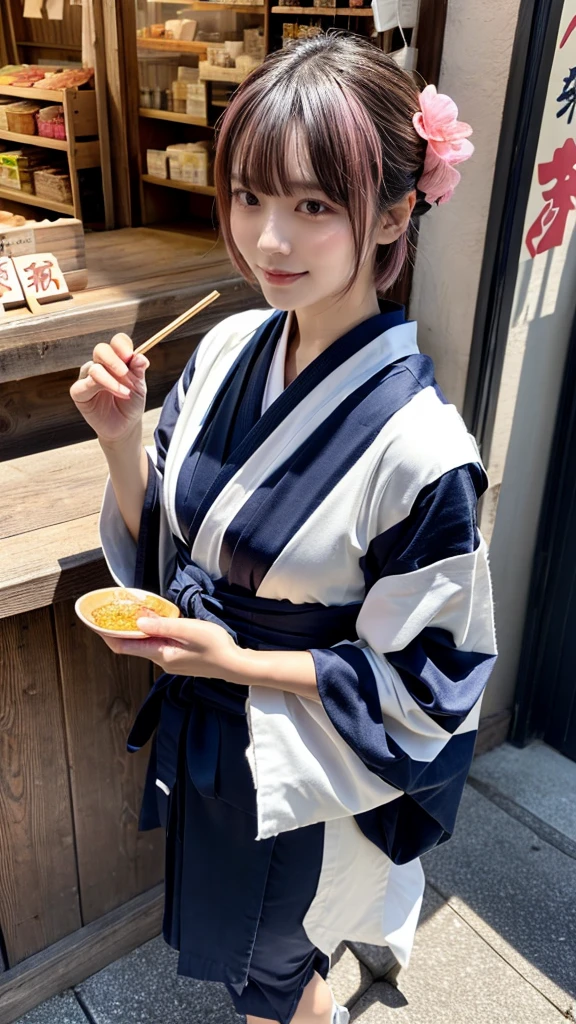 (8K, highest quality, masterpiece:1,2), (realistic, Photoreal:1.37), Super detailed, one girl,), (very detailed), (beautiful detailed eyes), (highest qualityの), (Super detailed ), (masterpiece), (detailed face),20-year-old, ,1 girl, ((pink hair,very short hair)), medium breasts, dressed, perfect lighting, break (navy blue haori:1.3), (white collar:1.2), (three quarter sleeves:1.2), (white kimono:1.4), (nature motif pattern:1.2), (navy blue hakama:1.3), (Ankle length:1.2), (The hem is not too wide:1.2), (white obi:1.4), (simple knot:1.2), (white foot bag:1.2), (Black geta:1.2), (low height:1.2), (Easy to walk:1.2), (bun hair:1.2), (hair ornaments:1.2), (Flowers and strips of paper:1.2), break bun hair, Flowers and strips of paper hair ornaments, smile, friendly, looking at camera, hold soba with right hand, Holding chopsticks with left hand, Do not put sauce on soba, In front of the soba shop counter, Wall with menu and photos, Natural light, soft shadow on the face