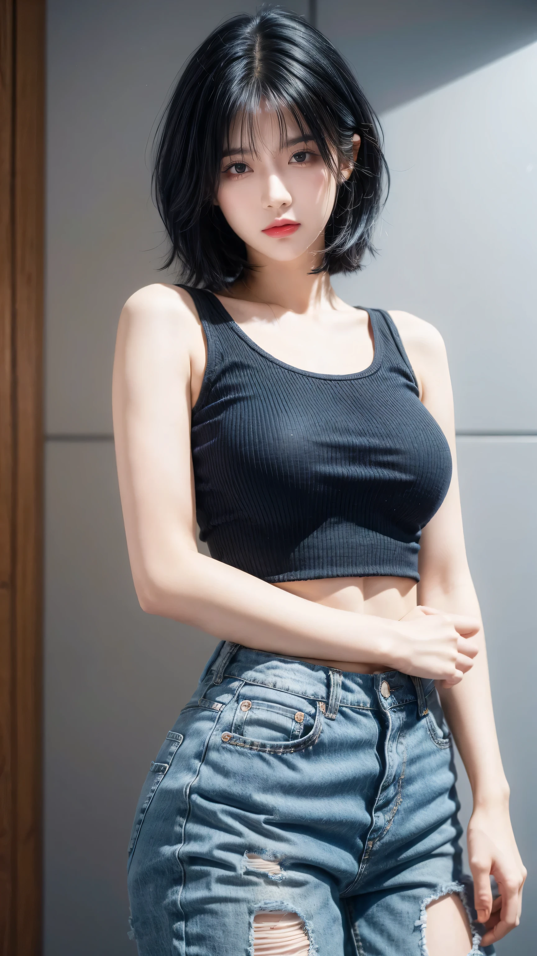 best quality, 1 Girl, dark blue hair, black eyes, Very short hair, Spiky hair, shirt, High waist short jeans, 171 cm, Messy hair, Hair between the eyes, Medium breasts, full, Tomboy, aldult, 20 years old, 1 Girl