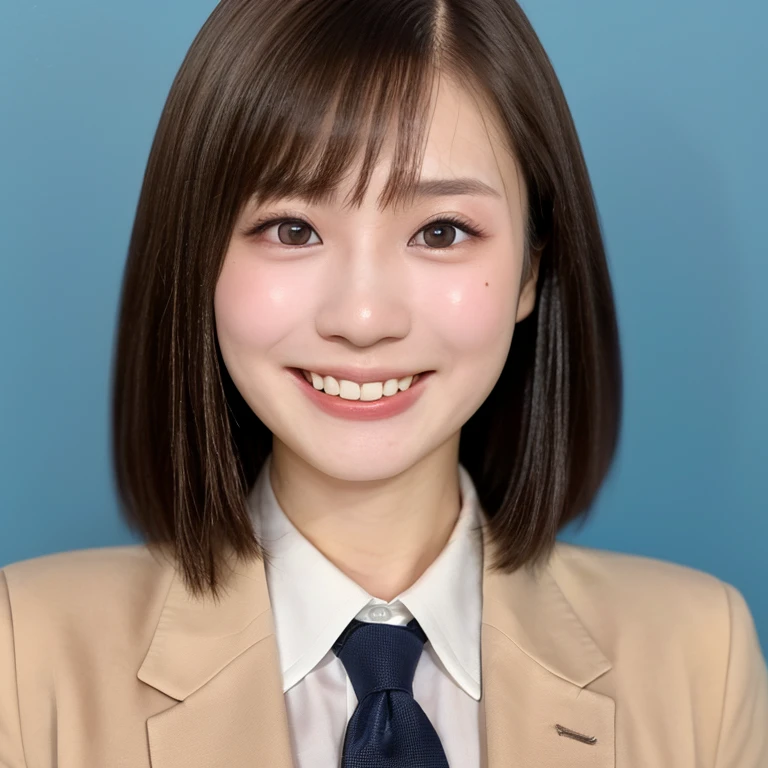 NSFW, (kawaii 24 year-old Japanese girl, Nogizaka idol, Korean idol), (glossy light brown hair, very short hair, bangs:1.3), (beautiful black eyes, rounded face, single eyelid, no makeup, splash laughing:1.3), (wearing suit jacket, collared shirt, necktie:1.3), (extra small breasts:0.9), BREAK, (simple blue background:1.3), (view from forward, bust shot, wide angle, id photo:1.3), BREAK, (masterpiece, best quality, photo realistic, official art:1.4), (UHD, 8K quality wallpaper, high resolution, raw photo, golden ratio:1.3), (shiny skin), professional lighting, physically based rendering, award winning, (highly detailed skin, extremely detailed face and eyes), Carl Zeiss 85 mm F/1.4, depth of field, (1girl, solo),