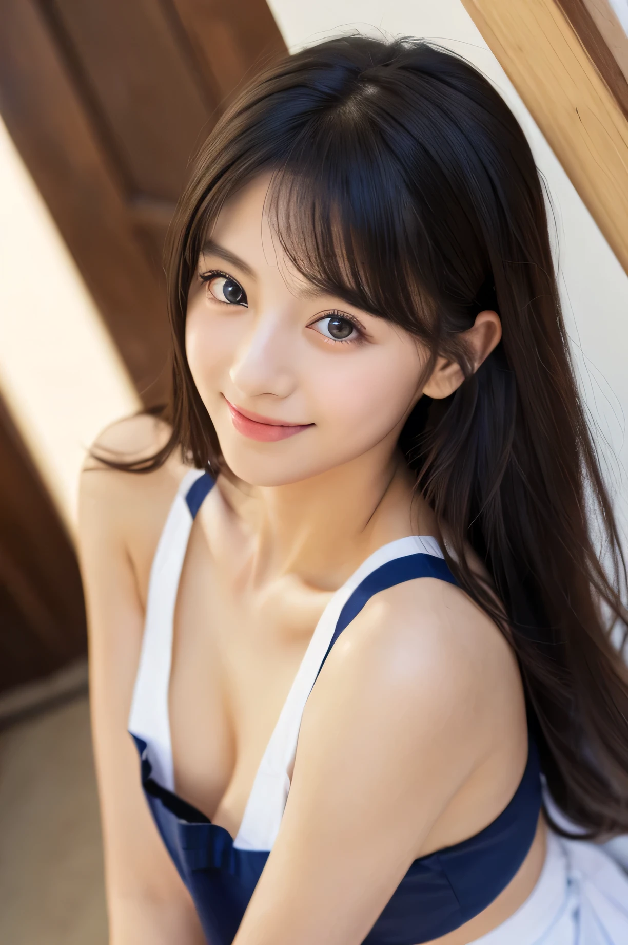 (((32k,High detail,High Detail、masterpiece,Attention to detail,Whole Body Ezbian,solo))),RAW Photos & Realistic atmosphere,Beautiful dark blue eyes,Mouth details,Glossy Lips,Fine eyebrows,With soft white skin that shines in every detail、Detailed eyes、Dark brown eyes,Very beautiful eyes,Detailed lips、Very beautiful face,Very well-formed face、A vivid face,Beautiful, shining lips, photo realistic, Realistic young gravure idol, Slender gravure idol, Beautiful and cute, ((Japanese))、Cute Korean idol style,Black Hair,high-quaiity,(Correct Anatomy),(real photo),Raw Photos, Photorealistic、Cute face,(Well-proportioned face:1.5),High resolution,Super detailed,Fine details,Very detailed,very realistic eyes and face, smile, open mouth,(Realistic Humans),Sharp Focus,natural light,day light,(naked),(apron),naked under the apron,the body foward to camera, town, squat at cross load,((spread legs)),(16years old),, (girl), long hair,Long Hair,(Thighs spread wide to the left and right),(Both knees are spread wide),Looking at the camera,(flat chest),Narrow waist,full body