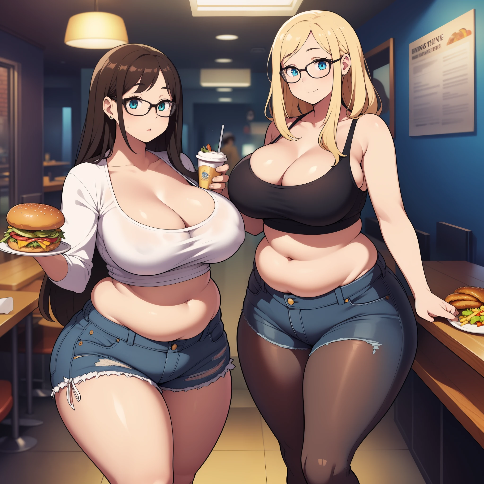 ((highres)), Masterpiece, high quality, best quality, beautiful, perfect lighting, detailed face, ultra cute face, (((2girls))), one girl has blonde hair, blue eyes, crop top and shorts skindentation, one girl has brown hair, green eyes, jeans, white shirt, tight clothes, one girl has, full body, fast food restaurant, cleavage, medium breasts, ((wide hips)), ((thick thighs)), ((plump)), chubby belly, fat folds, belly hang, standing, touching each other,