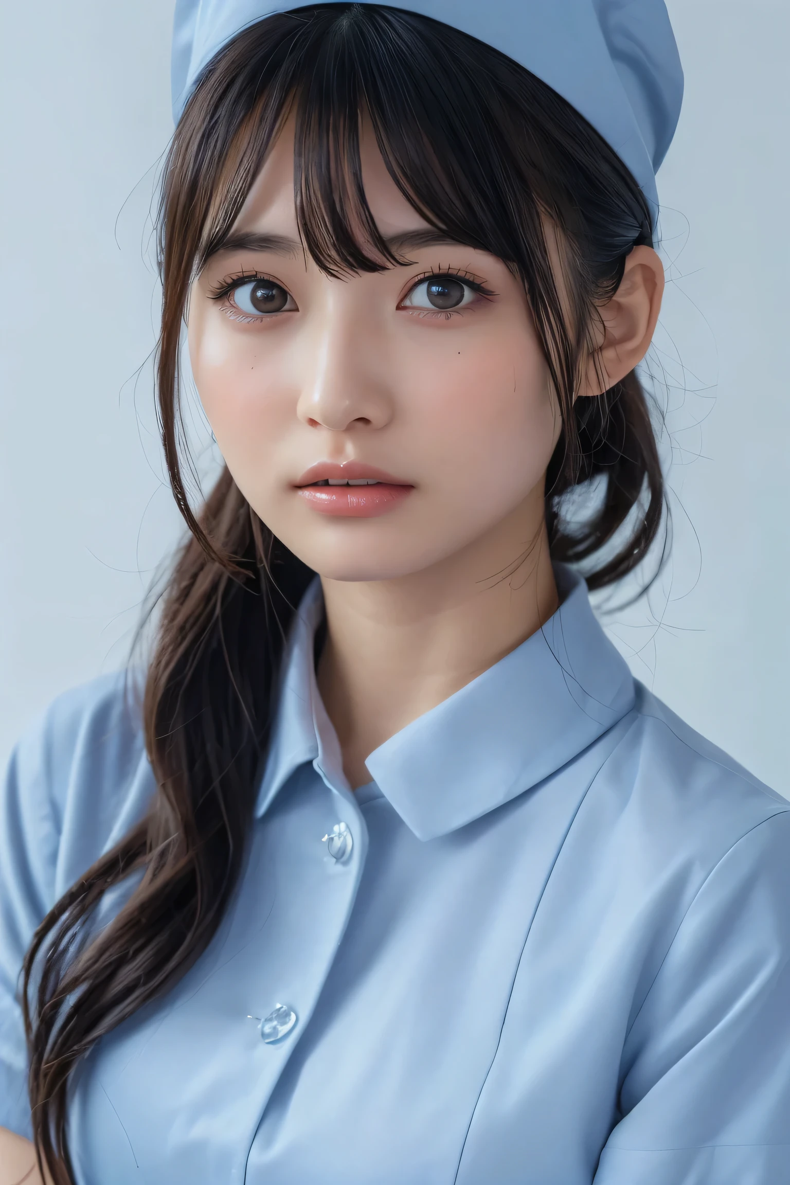 ((highest quality, 8k, Pieces fly: 1.3)), beauty, Japanese girl, nurse, whole body, Perfect Anatomy, Are standing, Black Hair, Blunt bangs, Downward ponytail, 20-year-old, Face Focus, Detailed face, Highly detailed lips, Fine Eyes, Sweaty skin: 1.2, nurse uniform, Light blue dress, nurse cap,