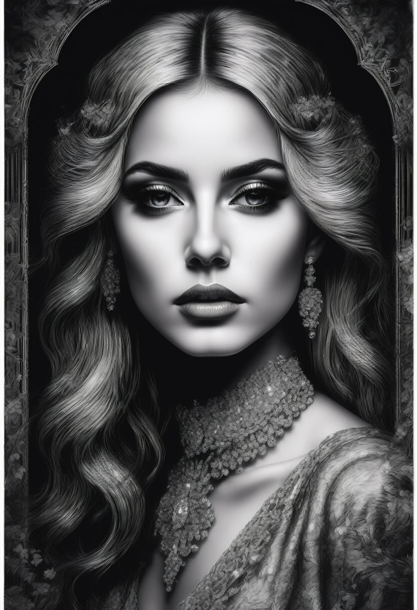 best quality, ultra-detailed, black and white, monochrome, contrasting shades, high contrast, grayscale, aesthetic, Vintage old black and white head and shoulders photo portrait, beautiful lady, perfect face, perfect eyes, decolletage, decollete, cool colors, gothic art, photorealism, 1900s photograph, diffuse light, long exposure, 1900s photograph, 18th century atlas, flickering light, landscape, photorealistic, twilight, sepia