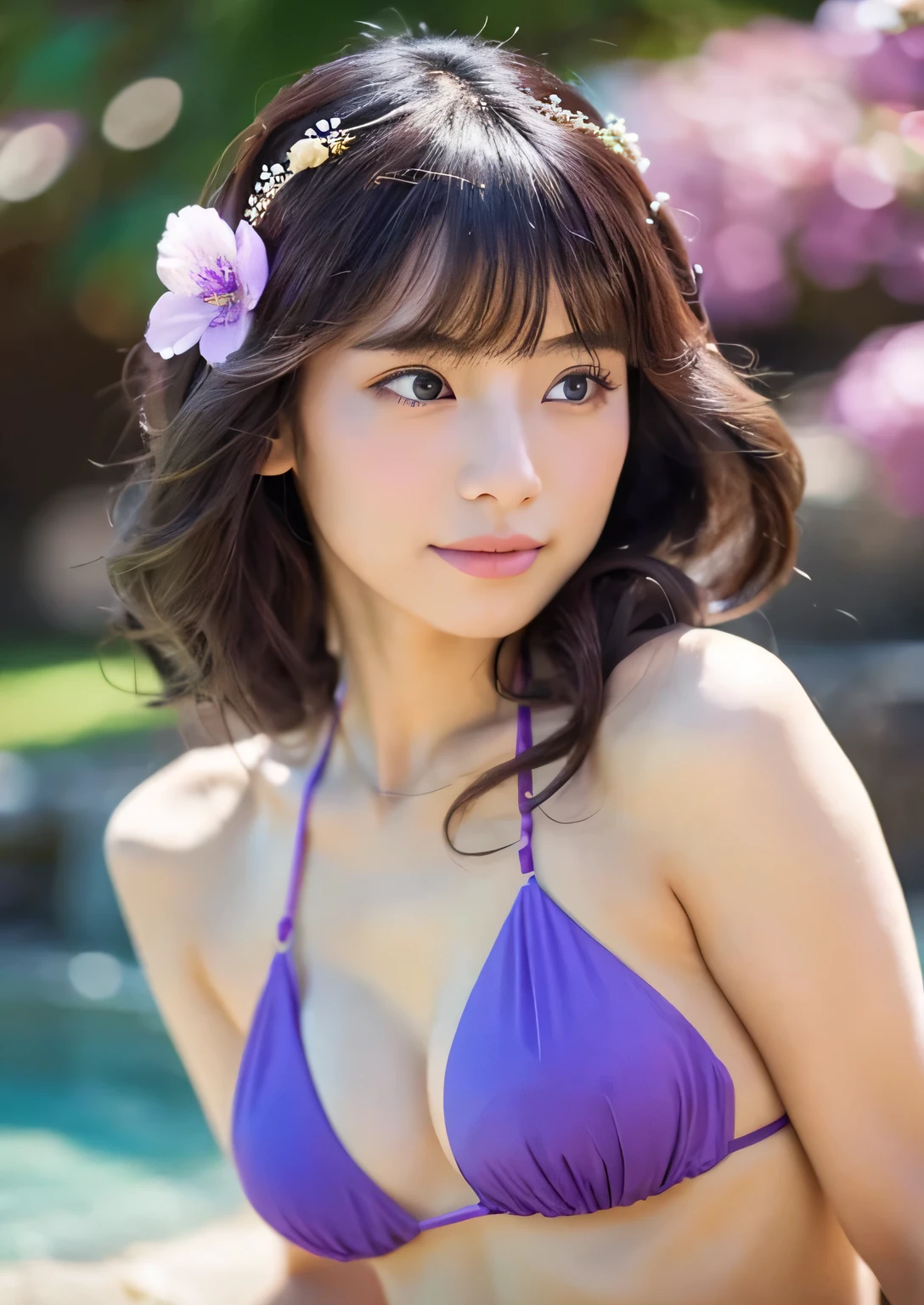 Beautiful woman in purple bikini、Japanese、hair ornaments