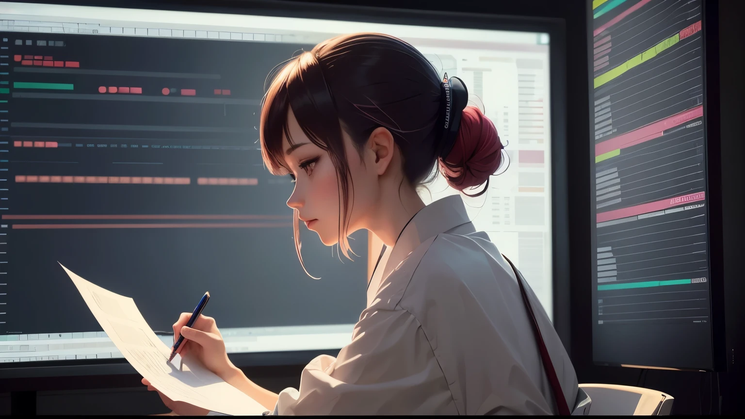 (Digital Painting), (Best Quality), Young woman taking a paper test in front of a large chart screen. long shot,She is writing something with a pen on a large piece of paper. Japanese man taking academic exam, man analyzing price fluctuations, trader, monitoring currency charts, foreign exchange, foreign exchange, Ukiyo-e art style, Hokusai's inspiration, popular deviation art, 8K ultra-realistic, pastel color scheme, soft lighting, vibrancy