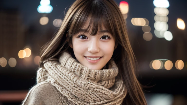 1 Japanese girl,(sweater:1.4),(She wore a knitted scarf around her neck to hide her chin.:1.5), (RAW Photos, The best quality at its best), (Actual, realism:1.4),(Focus on the thighs and above),Dynamic posture,Super Skirt, Extremely delicate and beautiful, The content is very detailed, 8k wall, Extremely detailed CG integration, High resolution, Gentle soft lighting, beautiful detailed 25 years old, Highly detailed eyes and face, Beautifully detailed nose, Beautiful Eyes,Light,City lights at night,Perfect Anatomy,elongated body shape,smile (My hair is messy, Asymmetrical bangs, Light brown hair,)