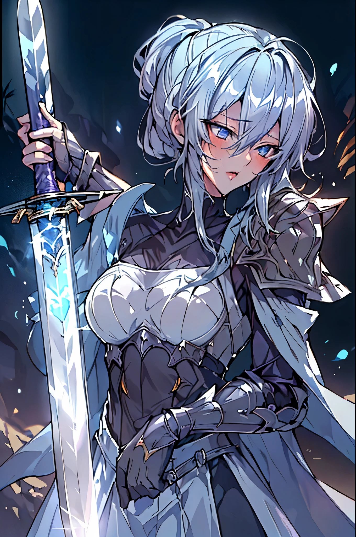 (masterpiece, Top quality, best quality, Official Art, beautiful and aesthetic:1.2),(8K, best quality, masterpiece:1.2),CG Excalibur, arms, armor, Solitary, Keep, trumpet, Luminescence, sword, 1 girl, Keep arms, planters, Female focus, Luminescence arms, permanent, helmet, Gloves, Keep sword, Luminescence sword, planters sword, shoulder armor, slope, slope background, Oil residue, Scapula, (Purple Light:1.3),Yukino，Yukino，Yukino，largest breasts