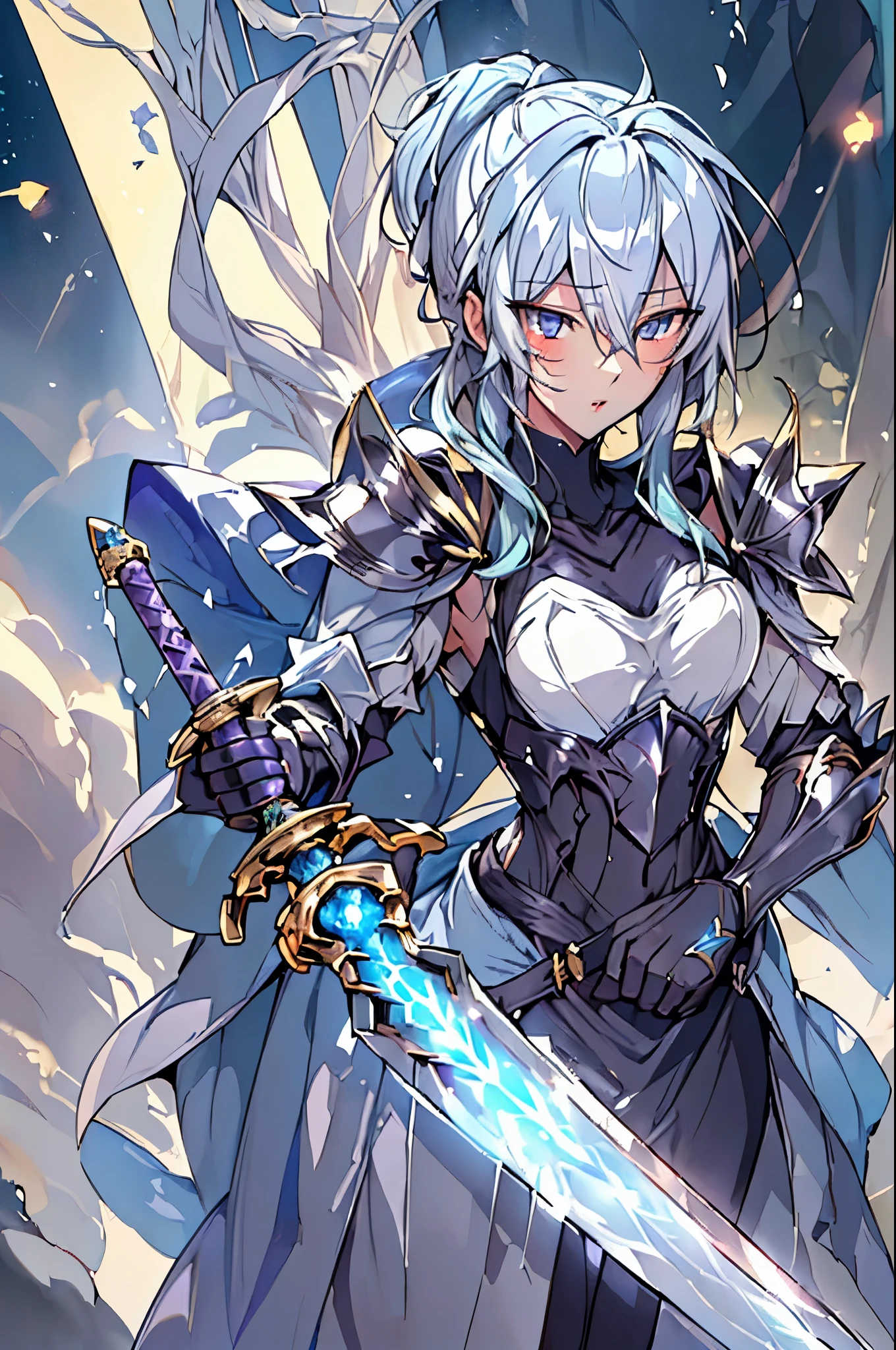 (masterpiece, Top quality, best quality, Official Art, beautiful and aesthetic:1.2),(8K, best quality, masterpiece:1.2),CG Excalibur, arms, armor, Solitary, Keep, trumpet, Luminescence, sword, 1 girl, Keep arms, planters, Female focus, Luminescence arms, permanent, helmet, Gloves, Keep sword, Luminescence sword, planters sword, shoulder armor, slope, slope background, Oil residue, Scapula, (Purple Light:1.3),Yukino，Yukino，Yukino，largest breasts