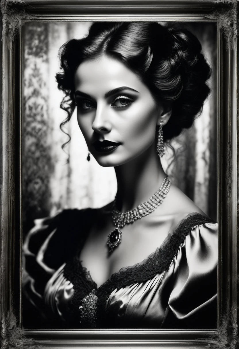 best quality, ultra-detailed, black and white, monochrome, contrasting shades, high contrast, grayscale, aesthetic, Vintage old black and white head and shoulders photo portrait, beautiful lady, perfect face, perfect eyes, decolletage, decollete, cool colors, gothic art, photorealism, 1900s photograph, diffuse light, long exposure, 1900s photograph, 18th century atlas, flickering light, landscape, photorealistic, twilight, sepia