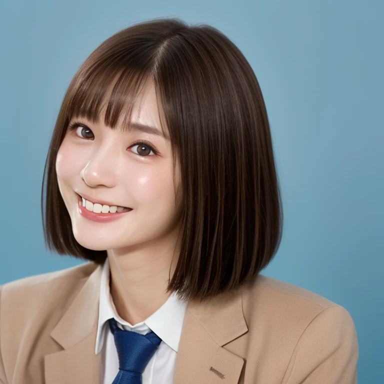 NSFW, (kawaii 24 year-old Japanese girl, Nogizaka idol, Korean idol), (glossy light brown hair, very short hair, bangs:1.3), (beautiful black eyes, rounded face, single eyelid, no makeup, splash laughing:1.3), (wearing suit jacket, collared shirt, necktie:1.3), (extra small breasts:0.9), BREAK, (simple blue background:1.3), (view from forward, bust shot, wide shot, id photo:1.3), BREAK, (masterpiece, best quality, photo realistic, official art:1.4), (UHD, 8K quality wallpaper, high resolution, raw photo, golden ratio:1.3), (shiny skin), professional lighting, physically based rendering, award winning, (highly detailed skin, extremely detailed face and eyes), Carl Zeiss 85 mm F/1.4, depth of field, (1girl, solo),