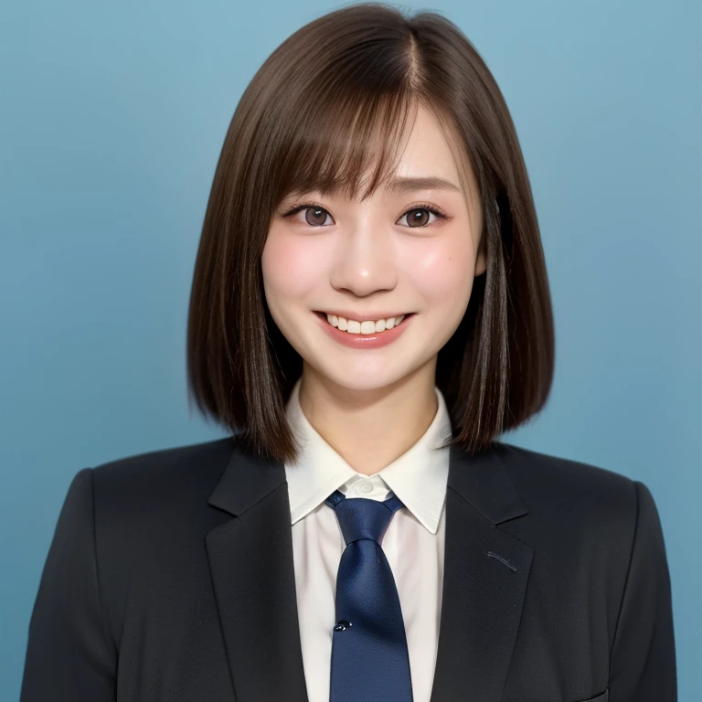 NSFW, (kawaii 24 year-old Japanese girl, Nogizaka idol, Korean idol), (glossy light brown hair, very short hair, bangs:1.3), (beautiful black eyes, rounded face, single eyelid, no makeup, splash laughing:1.3), (wearing suit jacket, collared shirt, necktie:1.3), (extra small breasts:0.9), BREAK, (simple blue background:1.3), (view from forward, bust shot, wide shot, id photo:1.3), BREAK, (masterpiece, best quality, photo realistic, official art:1.4), (UHD, 8K quality wallpaper, high resolution, raw photo, golden ratio:1.3), (shiny skin), professional lighting, physically based rendering, award winning, (highly detailed skin, extremely detailed face and eyes), Carl Zeiss 85 mm F/1.4, depth of field, (1girl, solo),