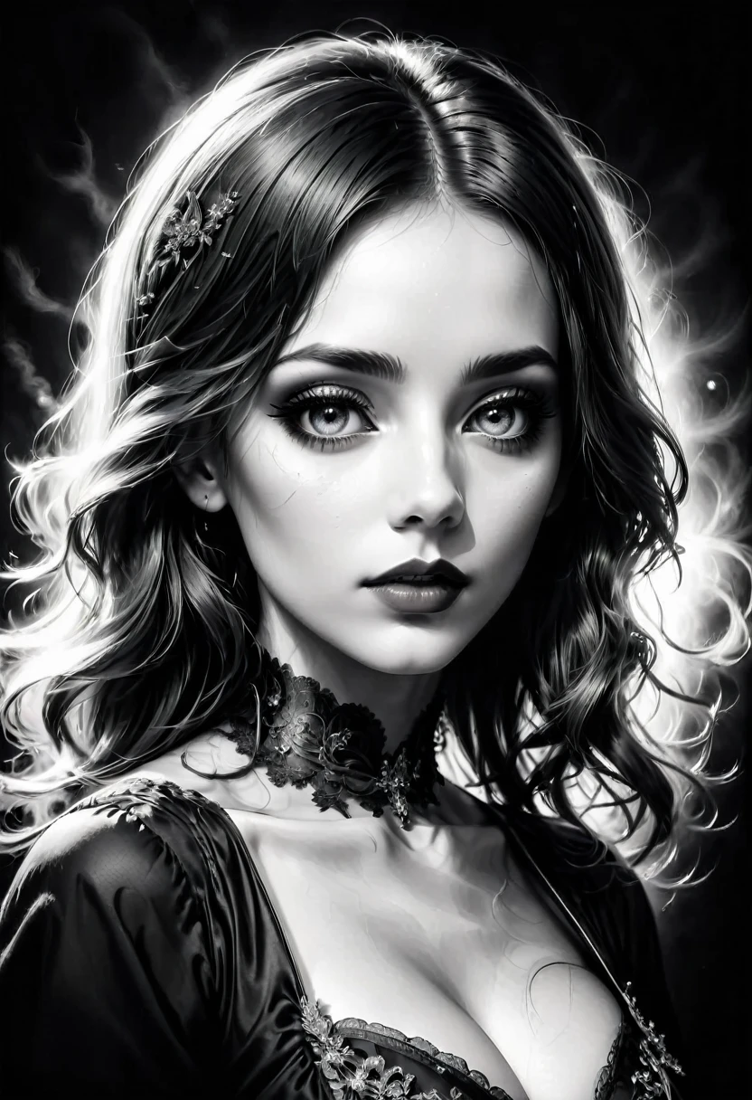 best quality, ultra-detailed, black and white, monochrome, contrasting shades, high contrast, grayscale, aesthetic, Vintage old black and white head and shoulders photo portrait, beautiful lady, perfect face, perfect eyes, decolletage, decollete, cool colors, gothic art, photorealism, 1900s photograph, diffuse light, long exposure, 1900s photograph, 18th century atlas, flickering light, landscape, photorealistic, twilight, sepia