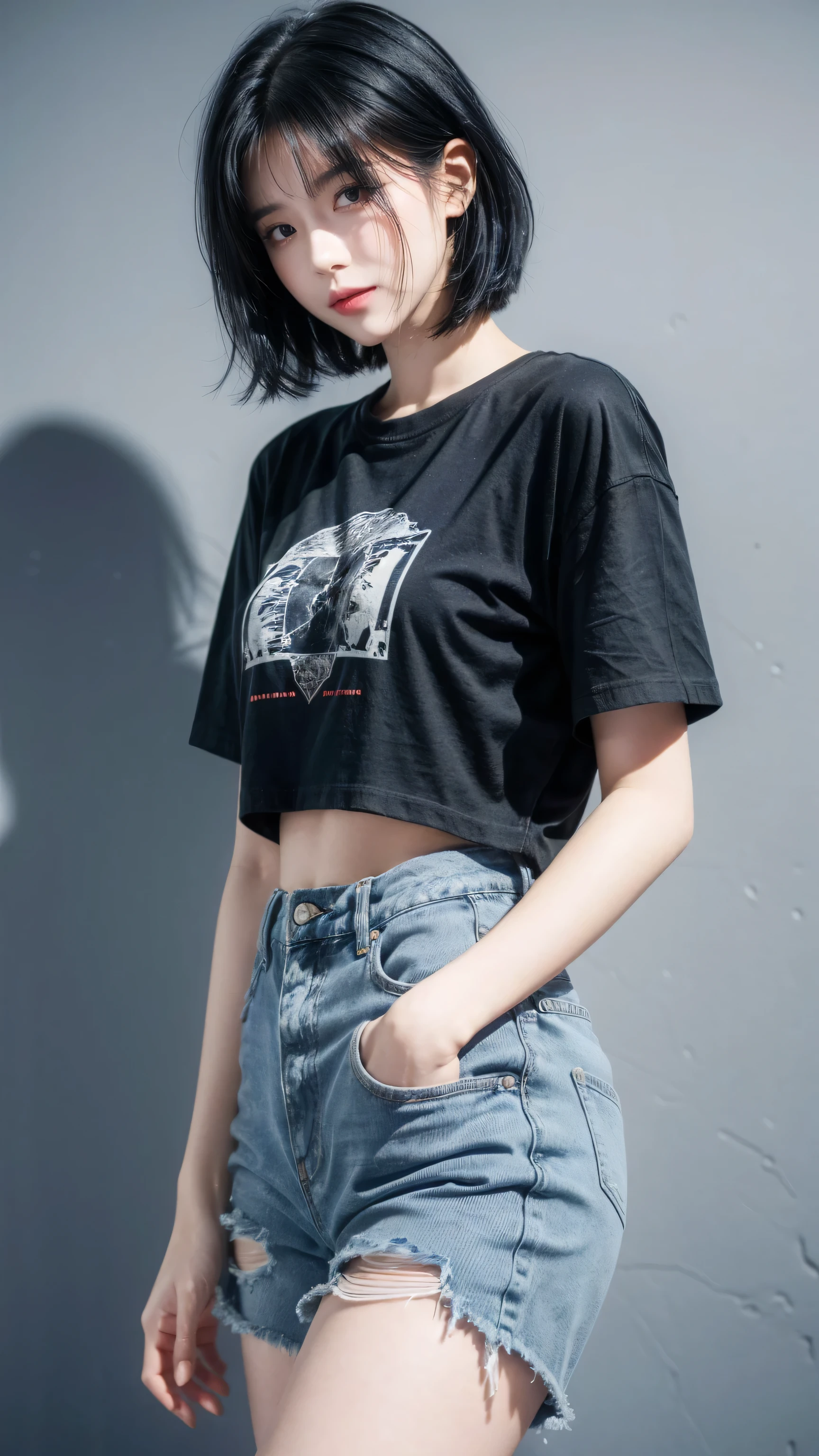best quality, 1 Girl, dark blue hair, black eyes, Very short hair, Spiky hair, oversize t-shirt, High waist short jeans, 171 cm, Messy hair, Hair between the eyes, Medium breasts, full, Tomboy, aldult, 20 years old, 1 Girl
