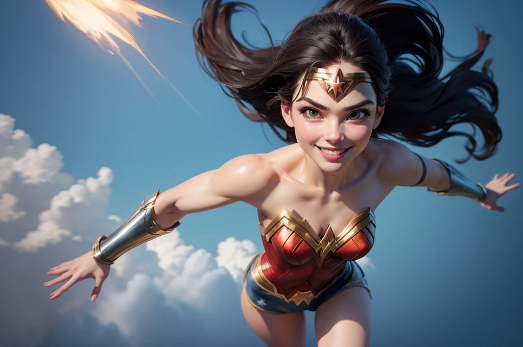 Wonder woman, realism style, Glowing skin, solo, Wonder woman, big light brown eyes, medium breasts, Cartoon hero, Natural light, Defined lips, Strong physical strength, Feminine body, cropped legs, , flies into the clouds, front view, (Smile:1.1), background should be epic, stunning background, realistic colors, front view, light coming from the right, (((looking in camera))), Camera orientation, (flying Pose:1.5)), 8K image quality, Masterpiece