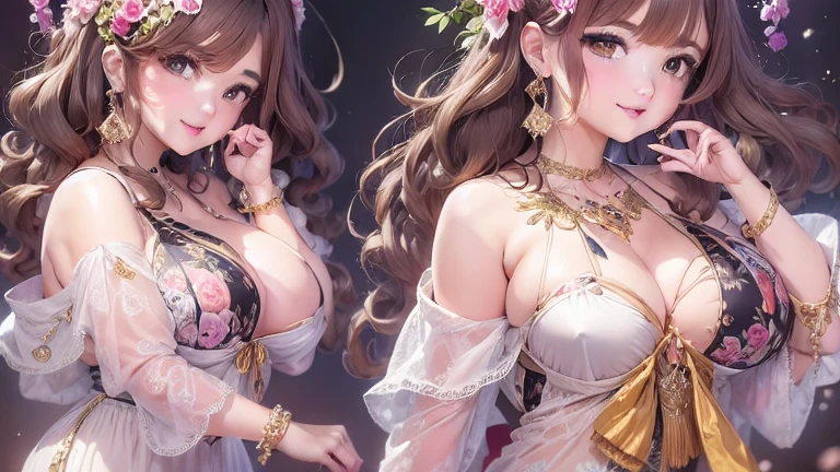 50 year old mature woman, Looking at the audience, Attractive breasts,Sensual curves、bubble、Full Body Shot,Nightgown, Charming smile, Thick lips, plump唇, blush, Looking at the audience, Provocative expression, Beautiful Hairstyles, Cleavage, plump、Curvy Hips、Attractive face、Mischievous face、Sexy Lingerie、An inviting gaze、Expressing emotions、colored feather, Money属装飾品, particle, Light, (masterpiece, highest quality, highest quality, Official Art, beautifully、aesthetic:1.2), (1 girl:1.3), Very detailed,(Fractal Art:1.1),(colorful:1.1)(flowerズ:1.3),Most detailed, (Dynamic pose), (Shiny skin), (Many colors :1.4), ,(Earrings:1.4), (feather:1.4),masterpiece, 30~40 years, Mr.々Hair style,Moneyのヘッドバンド,Tulle covers the chest,Perfect balance, Detailed details of the garment,marble,cinematicLighting, Film Grain, contrast of Light and dark,High detail,(((Gorgeous Accessories))))、Openwork decoration,(((See-through dress)))、(((Anatomically correct body))) ,1 girl, (High resolution), (8k), (Very detailed), Perfect Face, Beautiful eyes and face, (((highest quality))), (Very detailed), Detailed face and eyes, Beautiful Eyes,(((Sexy pose,Beautiful Eyes、Transparent double eyelids、(((Super gorgeous background)))、Bright Eyes,Money,diamond,gem,Body Chain,Luxury Accessories,beautifully、aesthetic,flower、(((Super gorgeous background)))、Bright Eyes