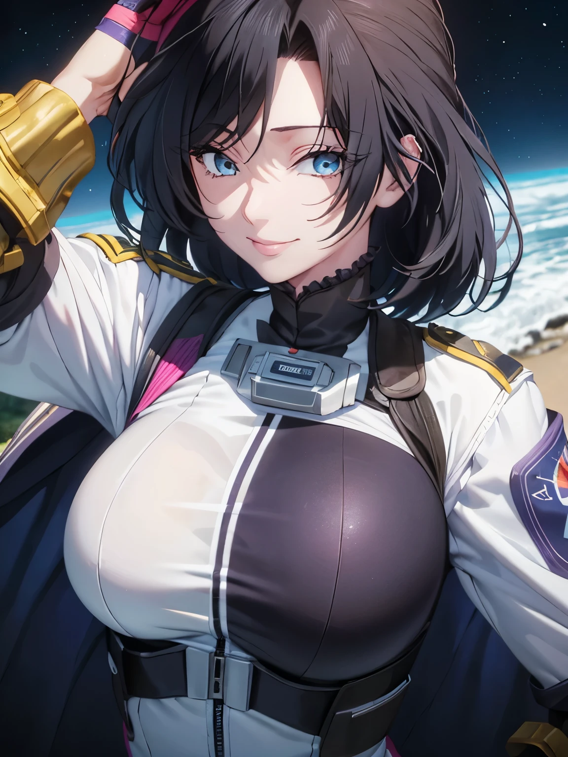 1 adult woman, 29 years old, Dominique de Sade,Black hair, medium hair,blue eyes, walking, light smile, wearing astronaut uniform, big breasts, ultra detail, ultra HD