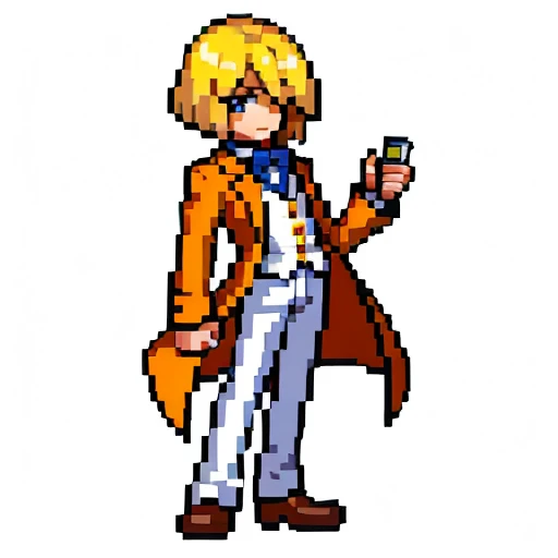 Pixel art, full body, facing left (important), alone, standing upright, long sleeve tuxedo with open front, boots. Hair color: Light medium blonde bob with parted bangs. He has several cards in his hand. Clothes: He wears an orange long-sleeved tuxedo with an open front and a yellow vest underneath. Trousers: white pants. Shoes: Yellow boots.