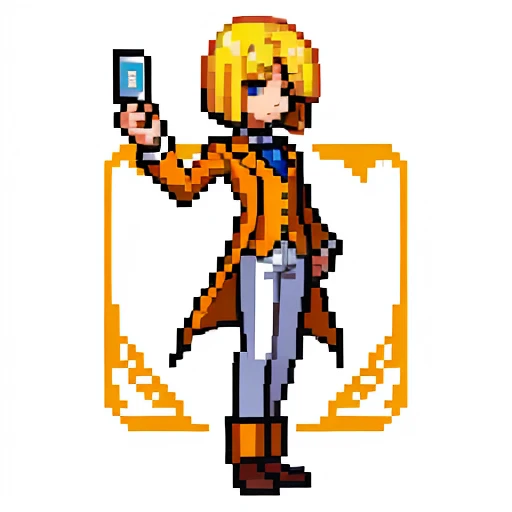 Pixel art, full body, facing left (important), alone, standing upright, long sleeve tuxedo with open front, boots. Hair color: Light medium blonde bob with parted bangs. He has several cards in his hand. Clothes: He wears an orange long-sleeved tuxedo with an open front and a yellow vest underneath. Trousers: white pants. Shoes: Yellow boots.