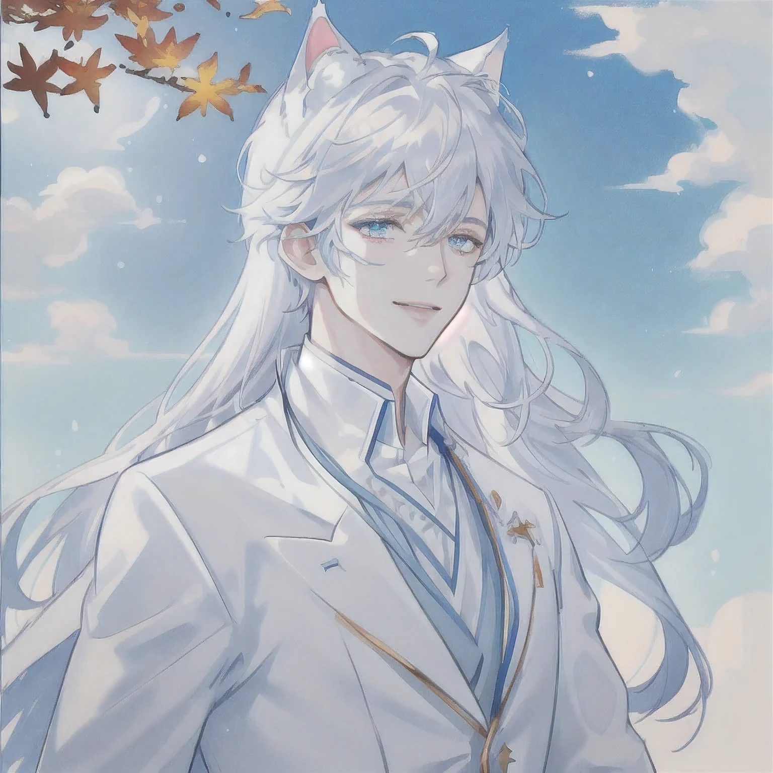 (8K, best quality, masterpiece: 1.2), (best quality: 1.0), (ultra-high resolution: 1.0),a handsome boy,smile,long white hair, white cat ears, blue eyes,suit,watercolor, Trishuna, author: agnes cecile, half body portrait, extremely bright design, soft colors, (ink: 1.3),  autumn lighting