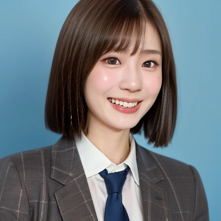 NSFW, (kawaii 24 year-old Japanese girl, Nogizaka idol, Korean idol), (glossy light brown hair, very short hair, bangs:1.3), (beautiful black eyes, rounded face, single eyelid, no makeup, splash laughing:1.3), (wearing suit jacket, collared shirt, necktie:1.3), (extra small breasts:0.9), BREAK, (simple blue background:1.3), (view from forward, bust shot, wide shot, id photo:1.3), BREAK, (masterpiece, best quality, photo realistic, official art:1.4), (UHD, 8K quality wallpaper, high resolution, raw photo, golden ratio:1.3), (shiny skin), professional lighting, physically based rendering, award winning, (highly detailed skin, extremely detailed face and eyes), Carl Zeiss 85 mm F/1.4, depth of field, (1girl, solo),