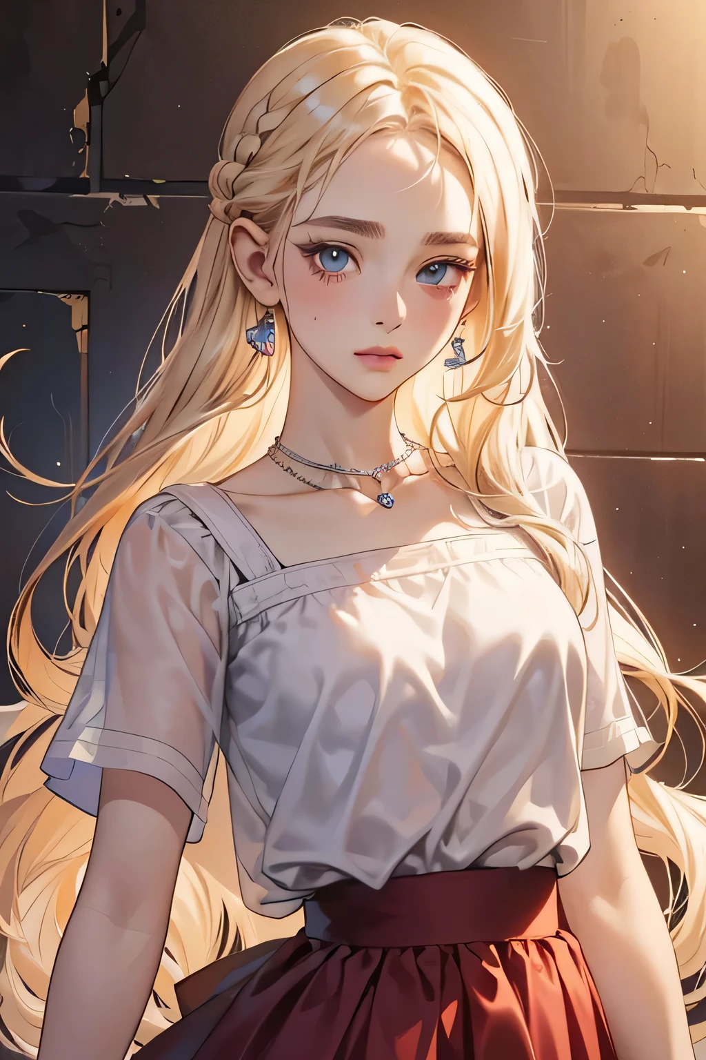 (extreamly delicate and beautiful:1.2), 8K,(masterpiece:1.0),(best_quality:1.0), 1 girl,model and intricate detailing, Enlarged textures, and intricate detailing, finely eye and detailed face, and intricate detailing, shiraga, platinum blonde curls long hair, (closed mouths), Perfect eyes, Equal eyes, clementine eyes (A famale god) with black polo croptee croptop short sleeved shirt and red short skirt, clementine eyes perfect, perfect, earing, hairpin, perfect body, sexy body, clementine blue perfect eyes, lips nude, necklace, little blush on nude, braid hair, look at camera, clementine eyes