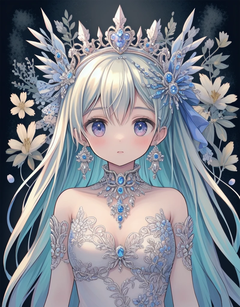 natural lighting, soft smile, seductive grin, upturned cheeks, half up-do, floating hair, coquettish hair, slightly shining hair, dress, silk, satin, silky gloss, 1girl, solo, evening, starry sky, spring ephemerals, profile, crystal, glassy gloss, amorphous dress, tropical bird,