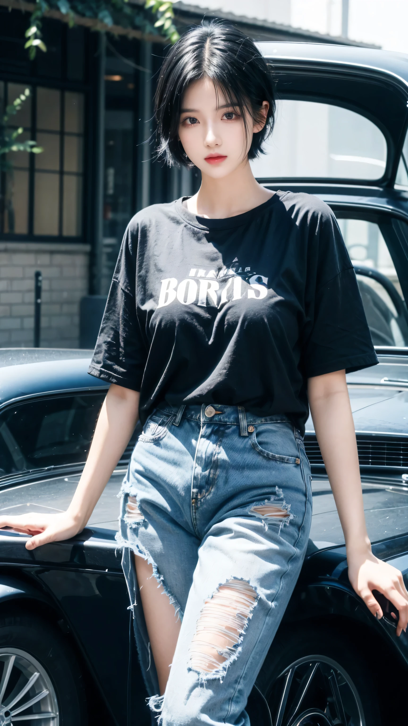 best quality, 1 Girl, dark blue hair, black eyes, Very short hair, Spiky hair, oversize t-shirt, High waist short jeans, 171 cm, Messy hair, Hair between the eyes, Medium breasts, full, Tomboy, aldult, 20 years old, 1 Girl near classic car