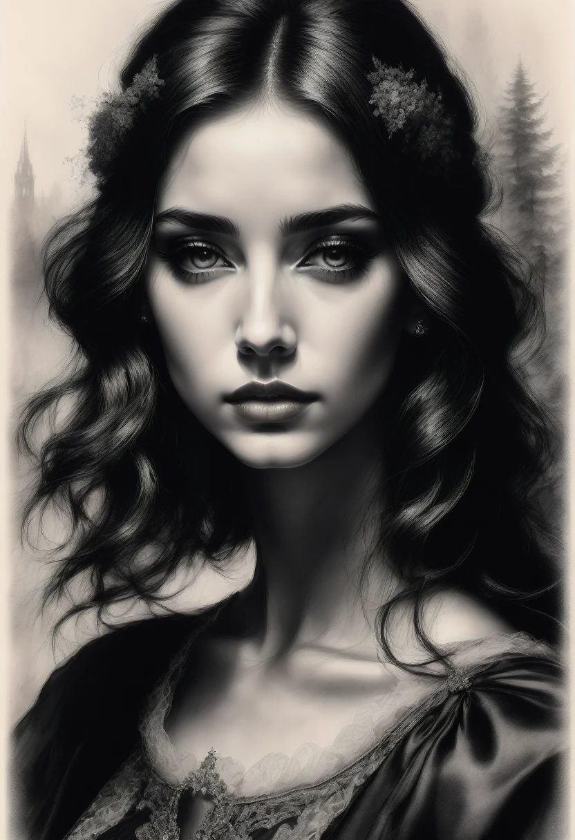 best quality, ultra-detailed, black and white, monochrome, contrasting shades, high contrast, grayscale, aesthetic, Vintage old black and white head and shoulders photo portrait, beautiful lady, perfect face, perfect eyes, decolletage, decollete, cool colors, gothic art, photorealism, 1900s photograph, diffuse light, long exposure, 1900s photograph, 18th century atlas, flickering light, landscape, photorealistic, twilight, sepia
