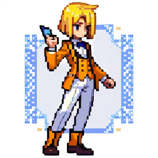 Pixel art, full body, facing left (important), alone, standing upright, long sleeve tuxedo with open front, boots. Hair color: Light medium blonde bob with parted bangs. He has several cards in his hand. Clothes: He wears an orange long-sleeved tuxedo with an open front and a yellow vest underneath. Trousers: white pants. Shoes: Yellow boots.