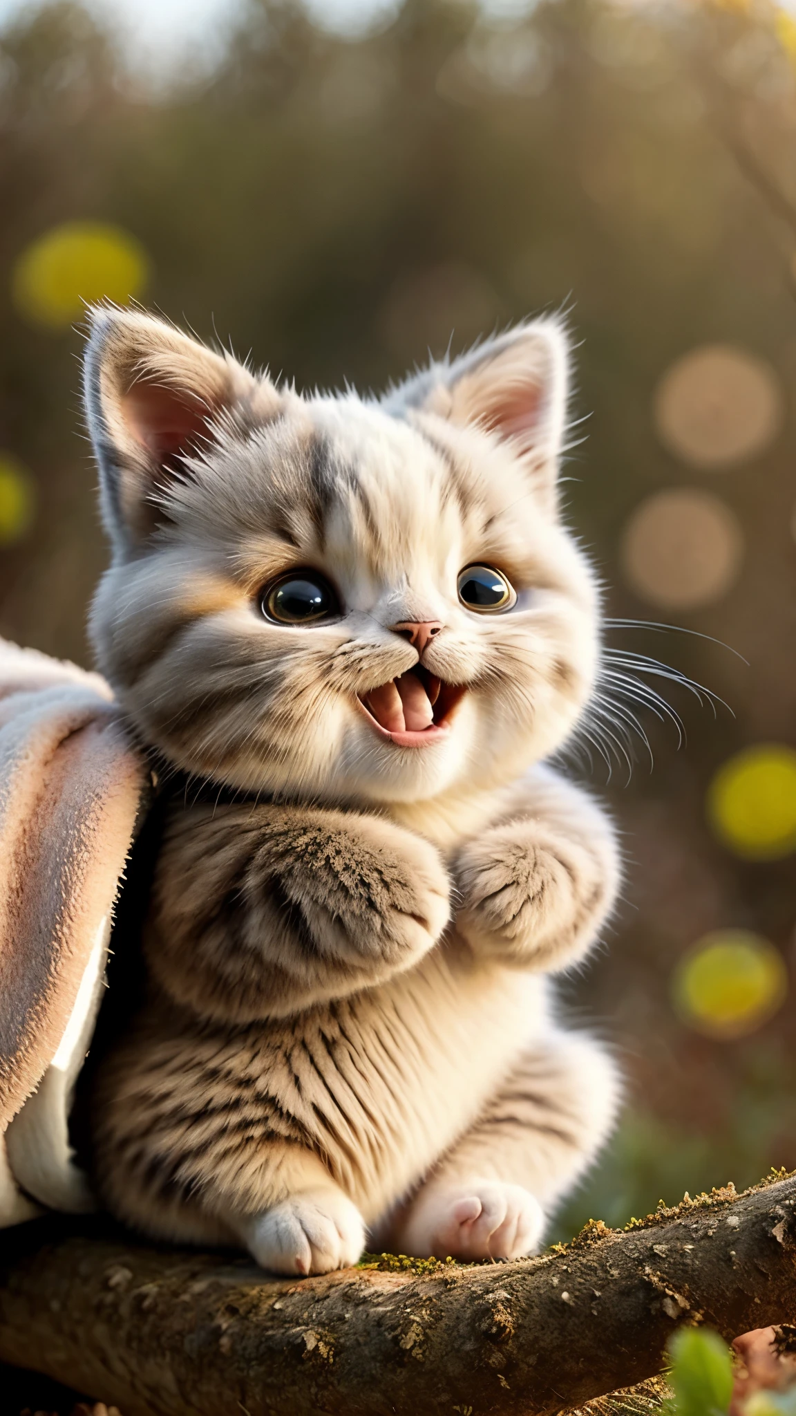 Fluffy cat sitting near the roots of a tree in the middle of the mountain, cute, happy face, open mouth